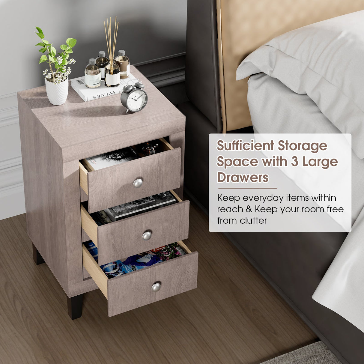 Mesita de Noche Moderna con 3 Cajones para Dormitorio o Sala de Estar