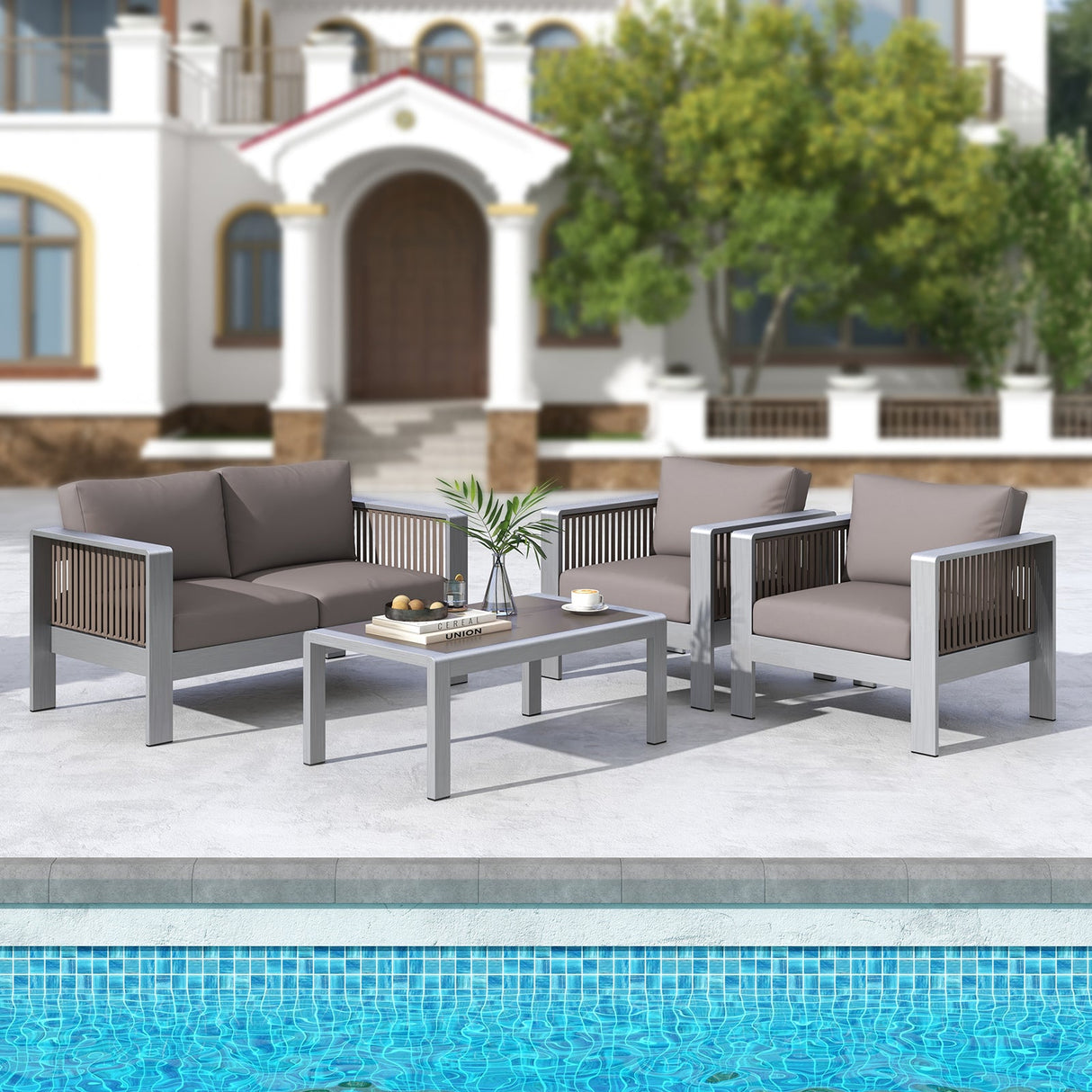 Sillón de Aluminio para Patio con Cojines Gruesos en Respaldo y Asiento
