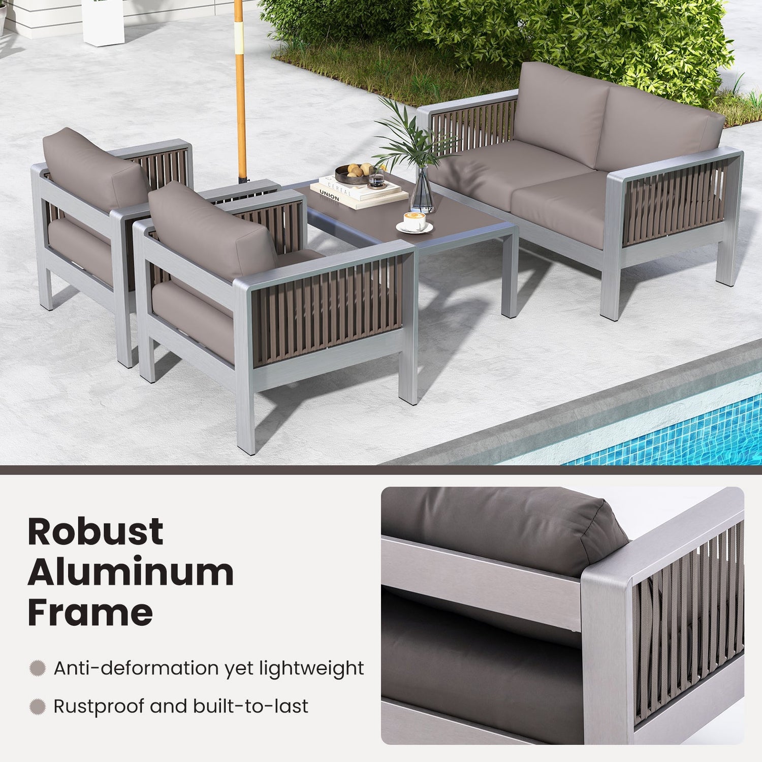 Sillón de Aluminio para Patio con Cojines Gruesos en Respaldo y Asiento