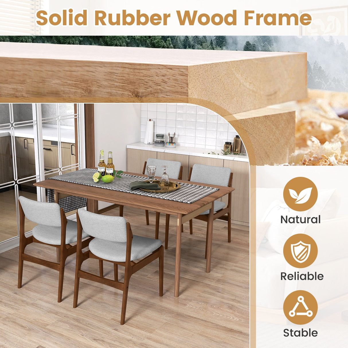 Sillas de comedor tapizadas modernas con patas de madera de caucho, juego de 4 unidades, color marrón