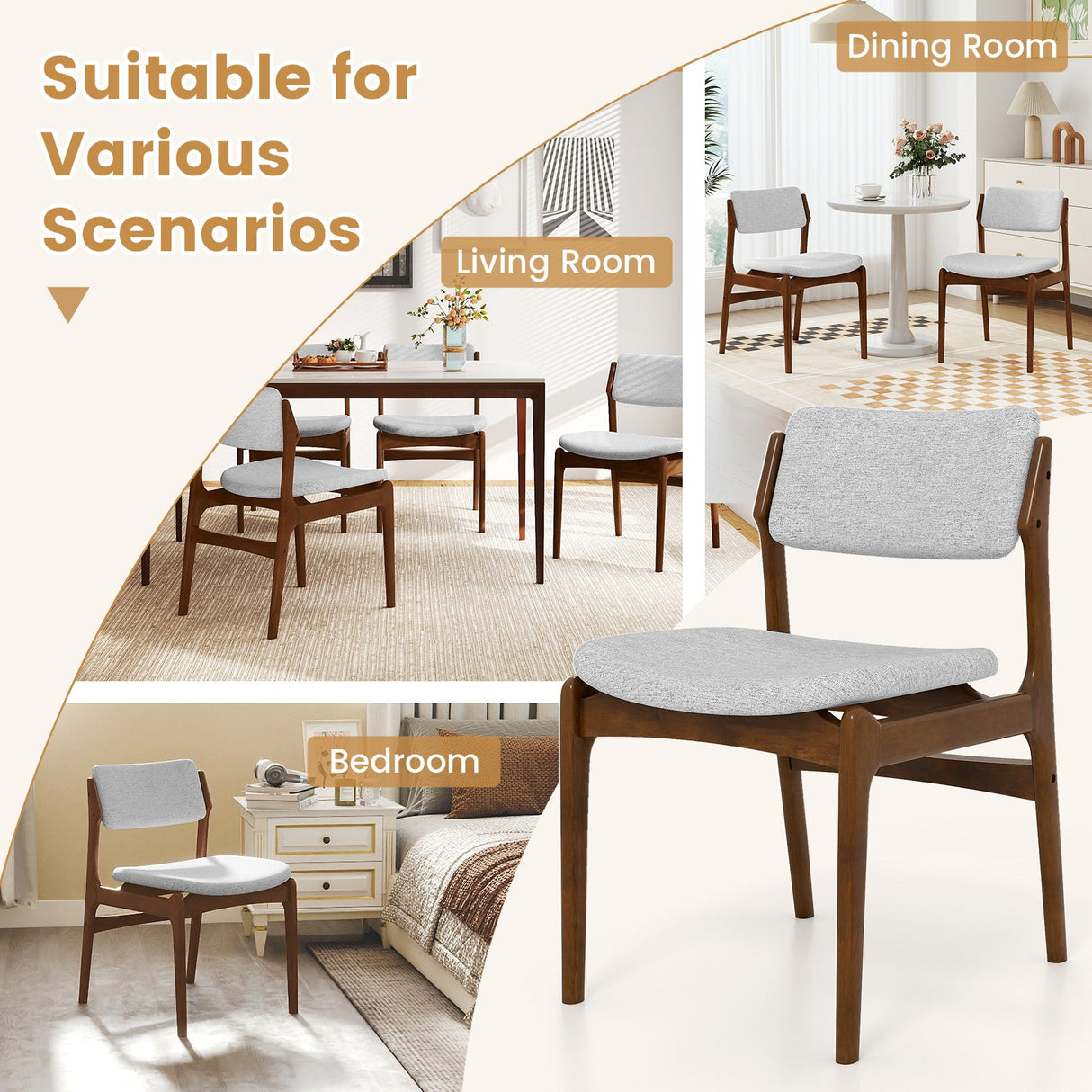Sillas de comedor tapizadas modernas con patas de madera de caucho, juego de 4 unidades, color marrón