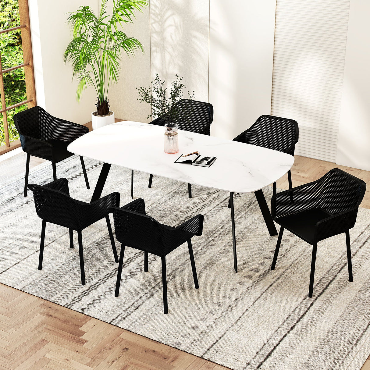 Sillas de comedor de plástico modernas, juego de 4 sillones de cocina con respaldo de malla transpirable - Negro