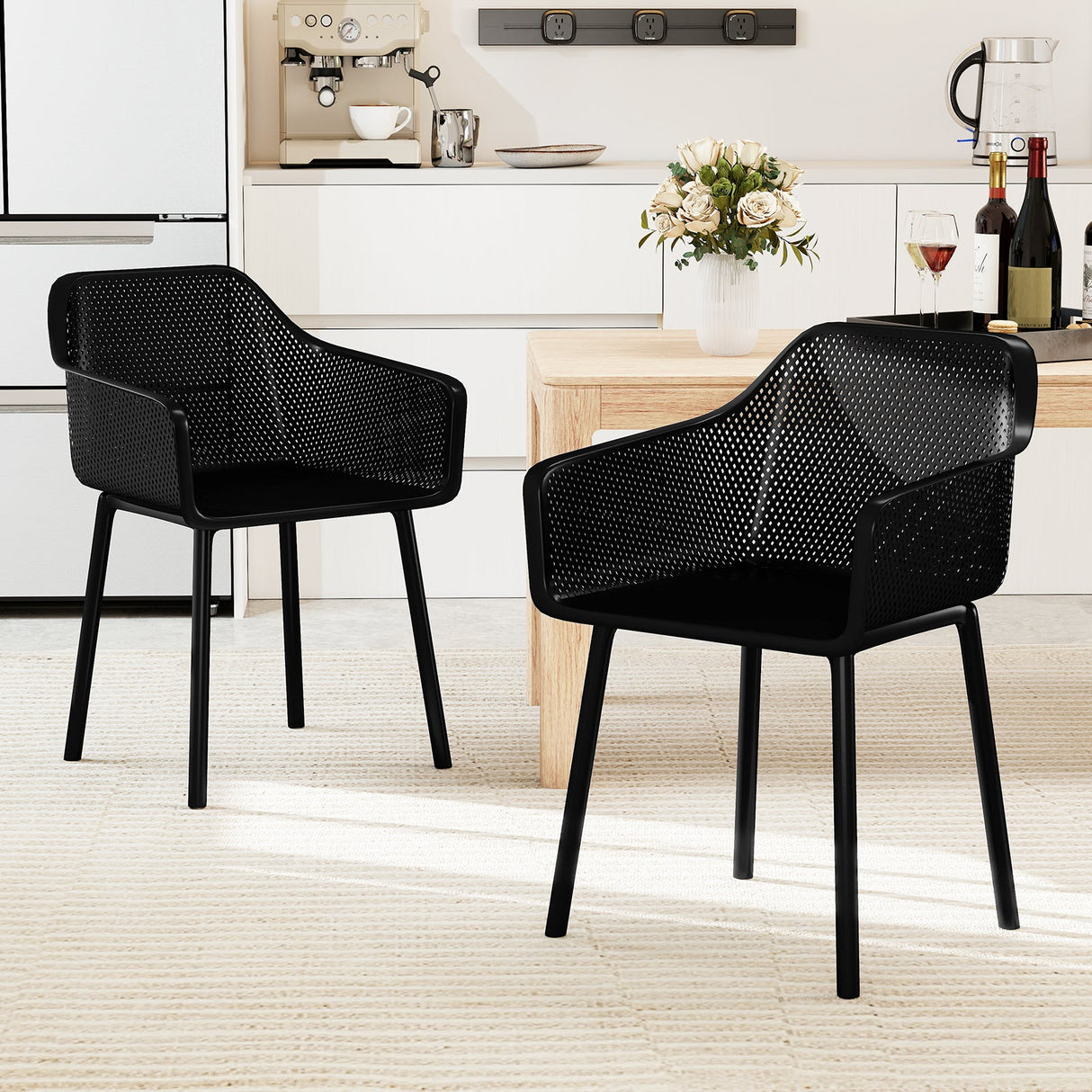 Juego de 2 sillas de comedor modernas de plástico con apoyabrazos para cocina y respaldo de malla transpirable - Negro