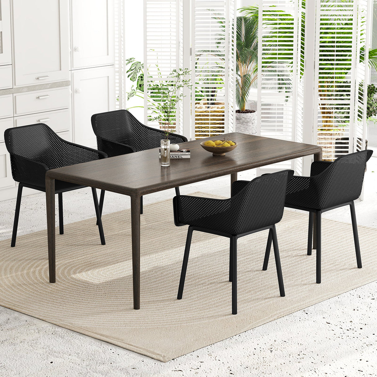Juego de 2 sillas de comedor modernas de plástico con apoyabrazos para cocina y respaldo de malla transpirable - Negro