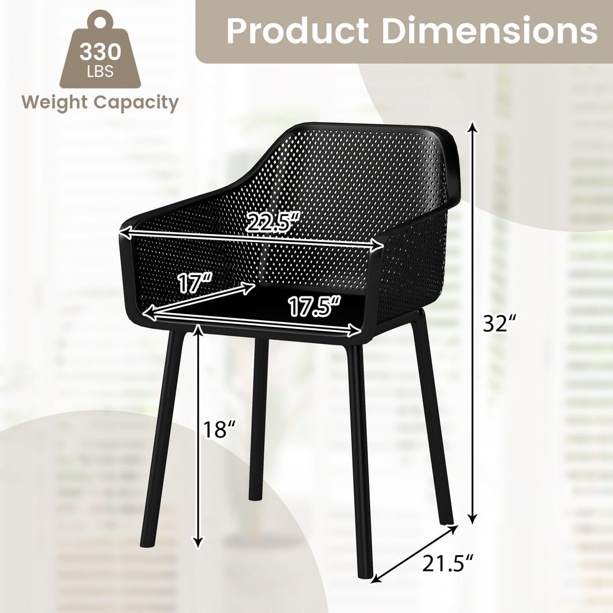 Juego de 2 sillas de comedor modernas de plástico con apoyabrazos para cocina y respaldo de malla transpirable - Negro