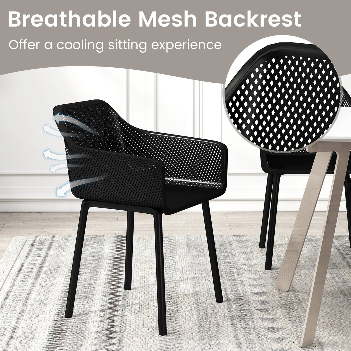 Juego de 2 sillas de comedor modernas de plástico con apoyabrazos para cocina y respaldo de malla transpirable - Negro