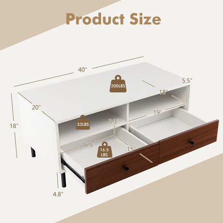 Mesa de centro moderna rectangular de 2 niveles de 40 pulgadas de largo con estante de almacenamiento y cajones - Blanca