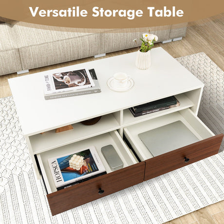 Mesa de centro moderna rectangular de 2 niveles de 40 pulgadas de largo con estante de almacenamiento y cajones - Blanca