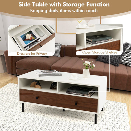 Mesa de centro moderna rectangular de 2 niveles de 40 pulgadas de largo con estante de almacenamiento y cajones - Blanca