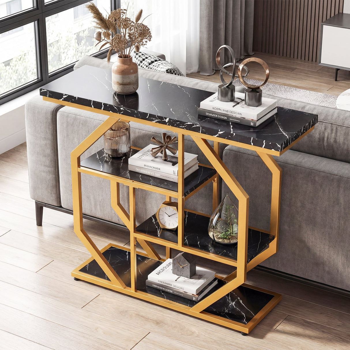 Mesa auxiliar de sofá moderna detrás del sofá, mesa consola de 4 niveles con superficie de mármol sintético - Negro
