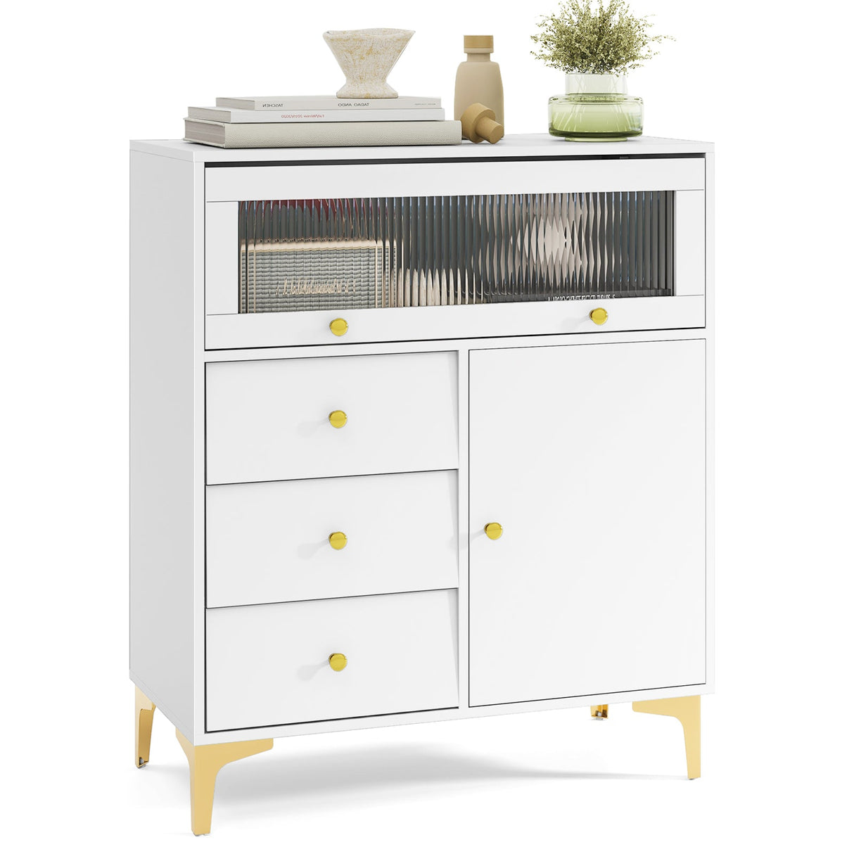 Cómoda con puerta de cristal estriado abatible para dormitorio o cocina-Gris