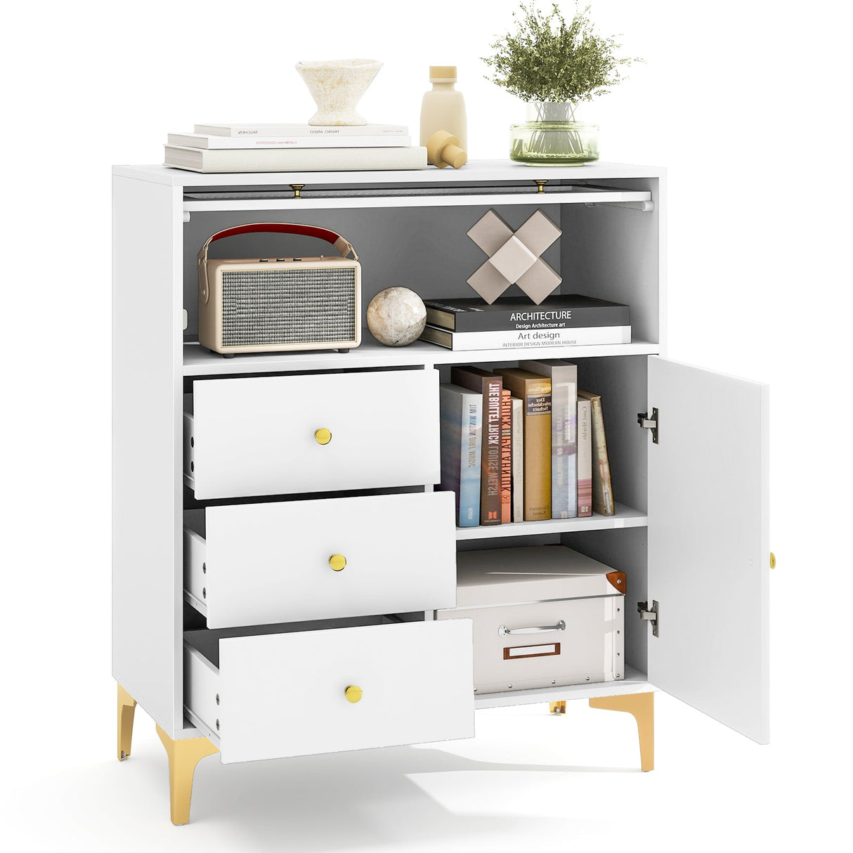 Cómoda con puerta de cristal estriado abatible para dormitorio o cocina-Gris