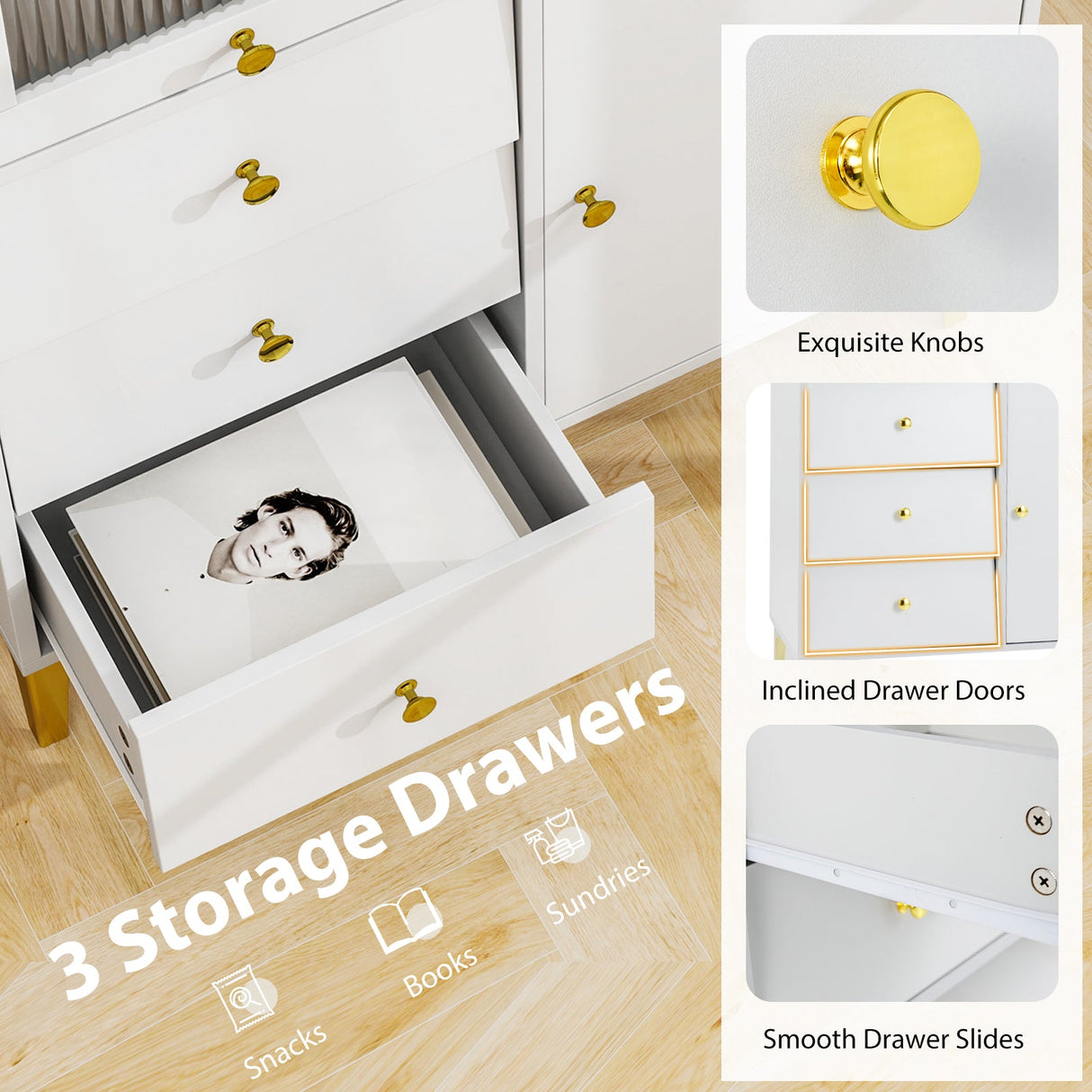 Cómoda con puerta de cristal estriado abatible para dormitorio o cocina-Gris