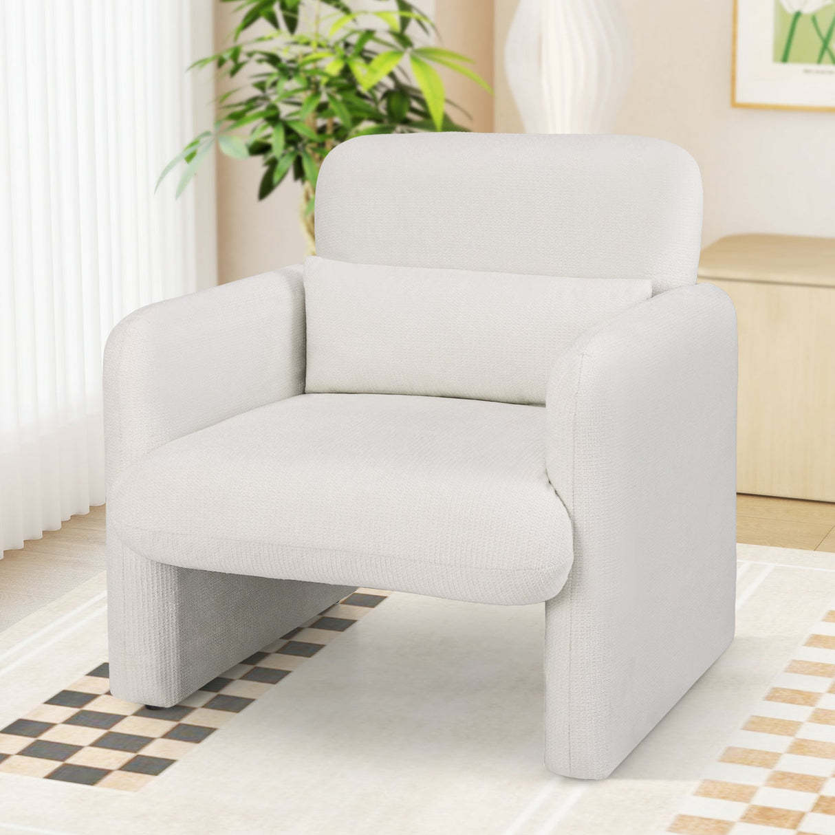 Sillón decorativo moderno tapizado en chenilla con almohada lumbar extraíble - Blanco