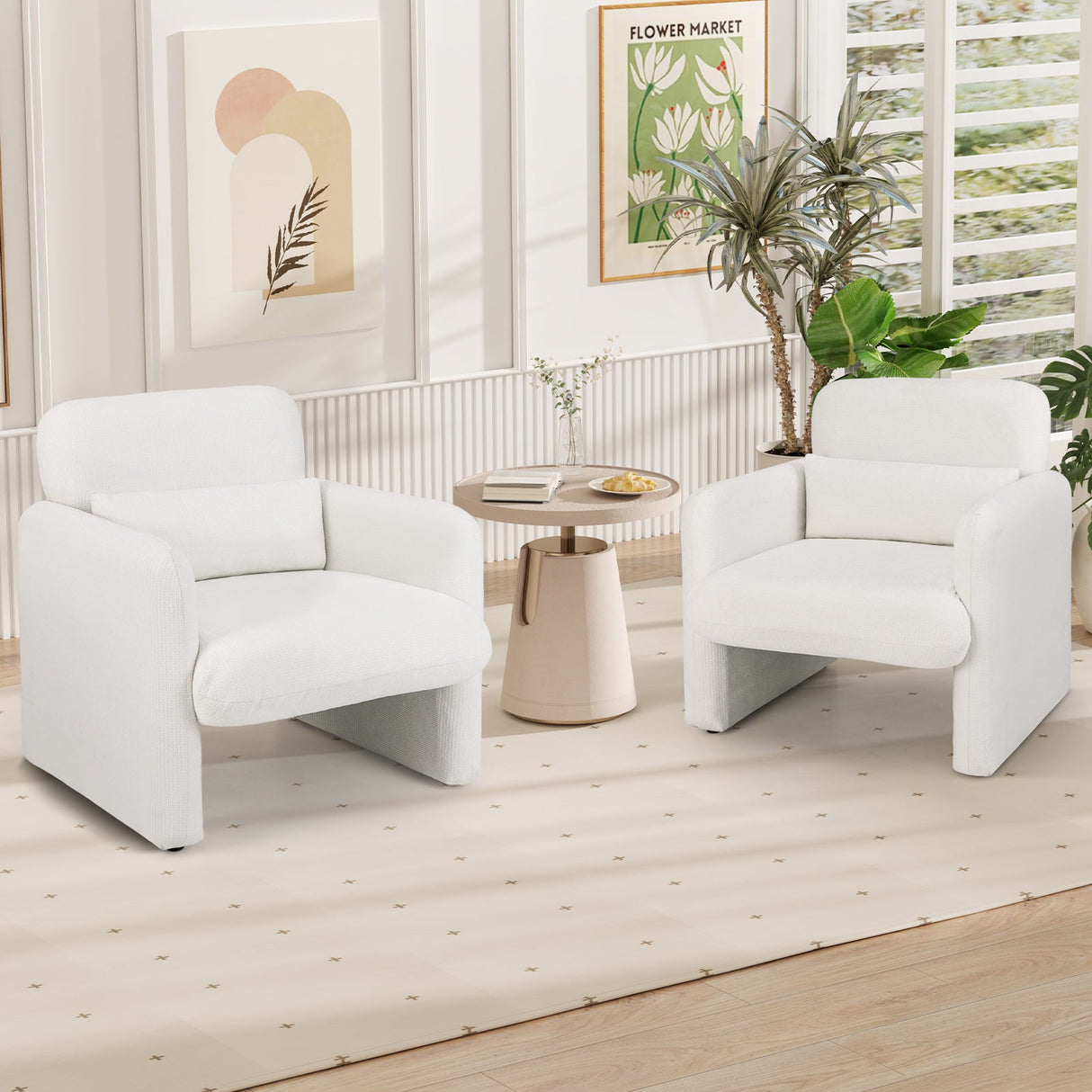 Sillón decorativo moderno tapizado en chenilla con almohada lumbar extraíble - Blanco