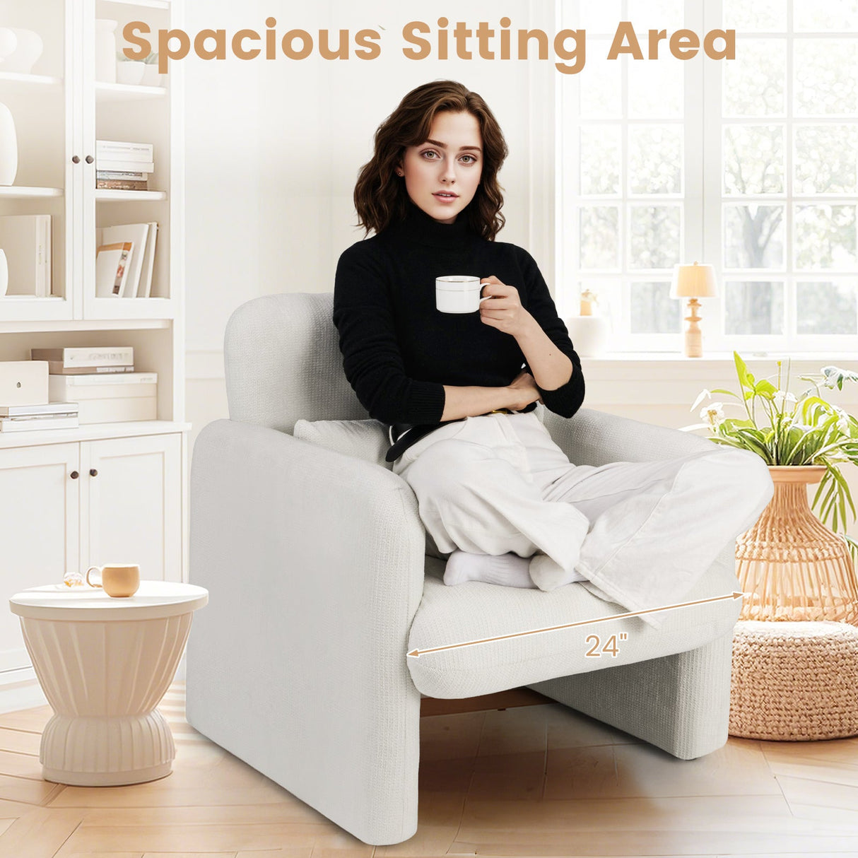 Sillón decorativo moderno tapizado en chenilla con almohada lumbar extraíble - Blanco