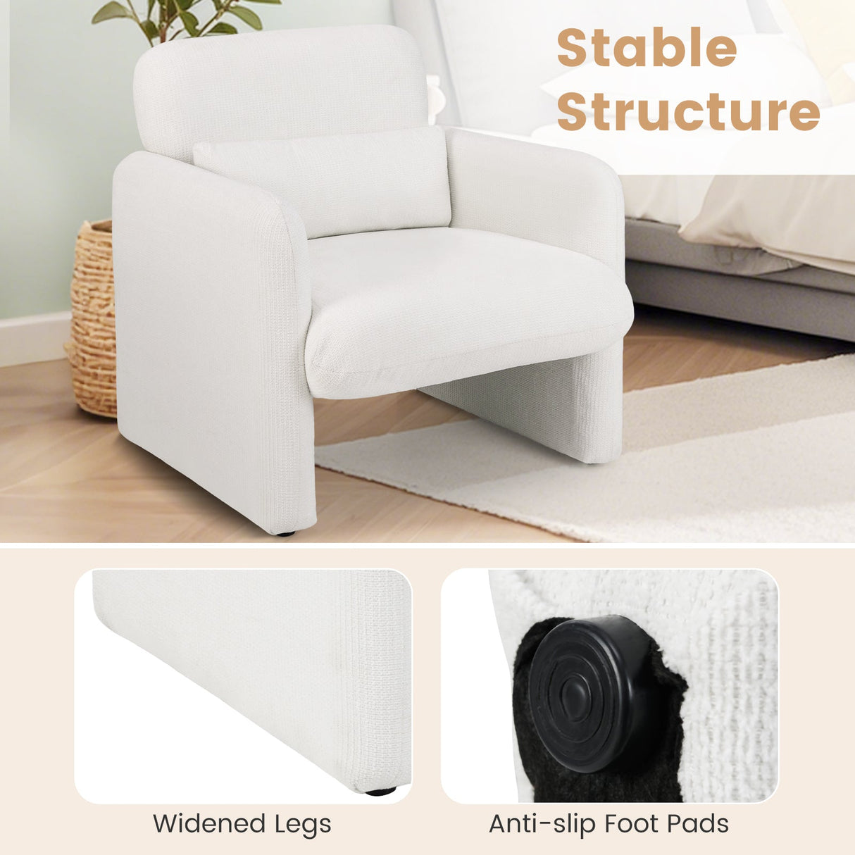 Sillón decorativo moderno tapizado en chenilla con almohada lumbar extraíble - Blanco