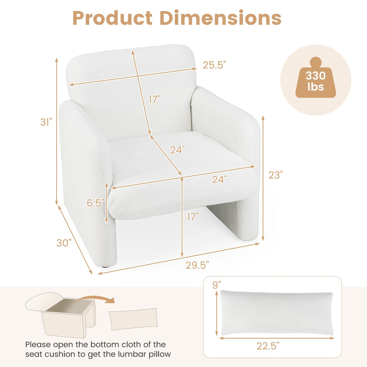 Sillón decorativo moderno tapizado en chenilla con almohada lumbar extraíble - Blanco