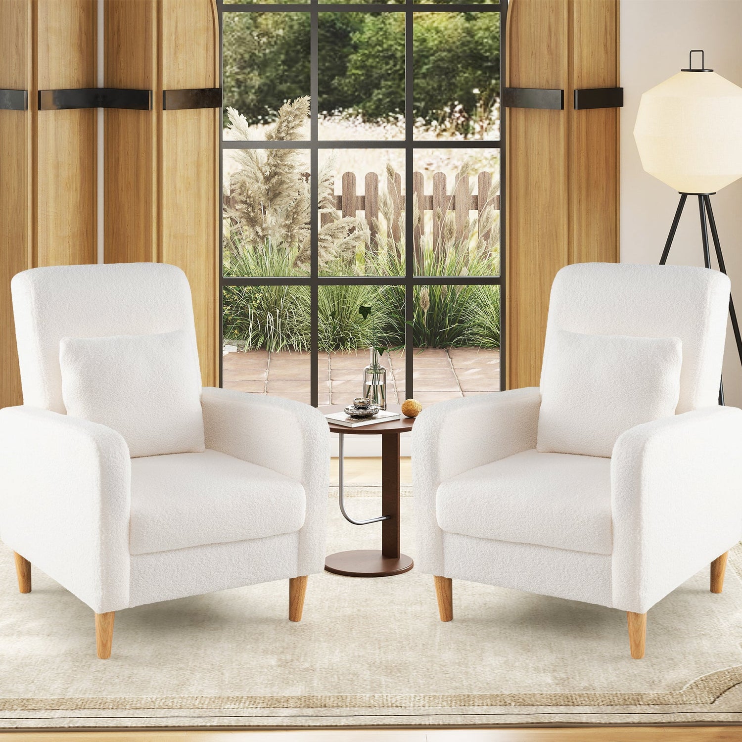 Modern Upholstered Sofa chair with Lumbar Pillow and Teddy Fleece Cover-White