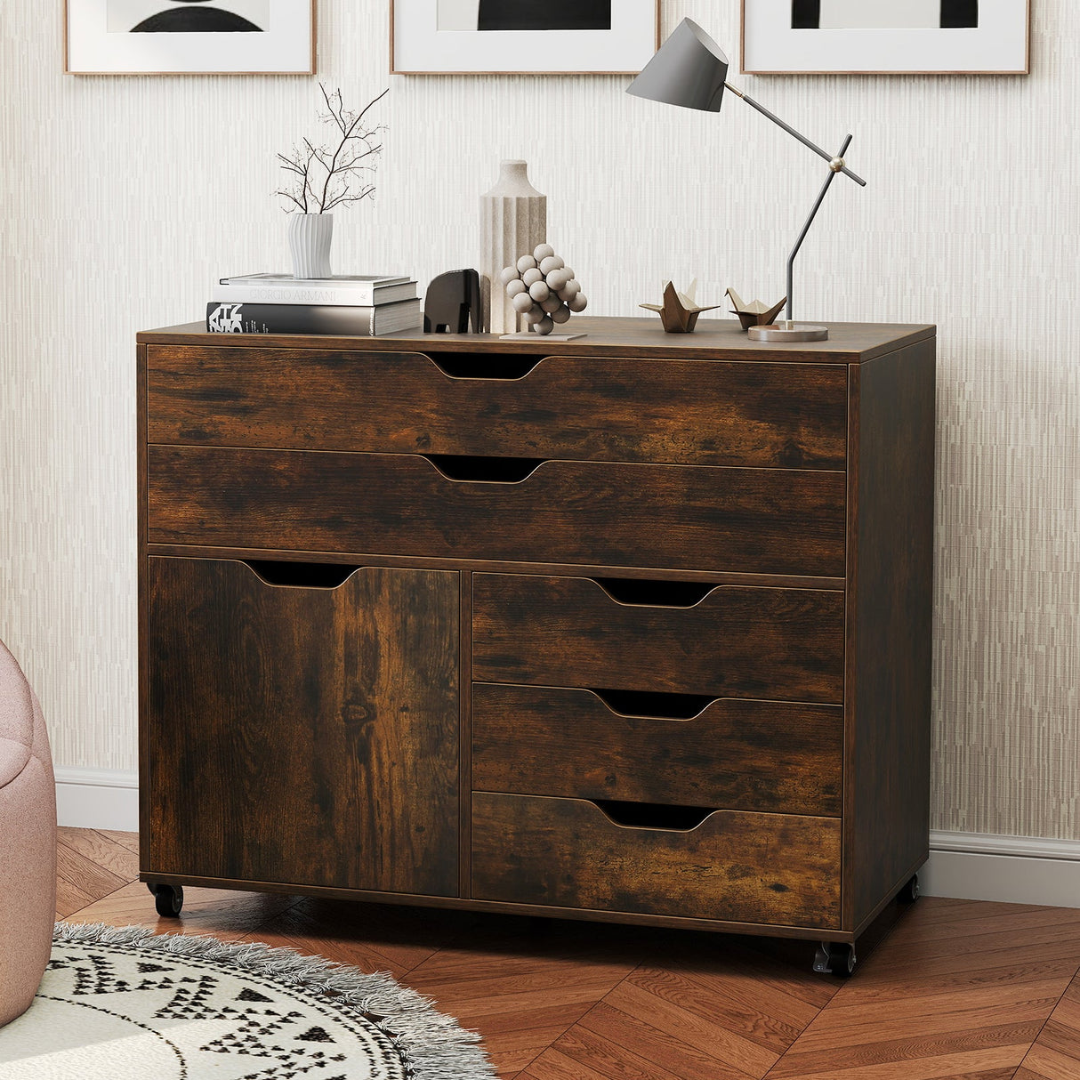 Cajonera móvil vertical moderna de 5 cajones con puerta y 5 ruedas
