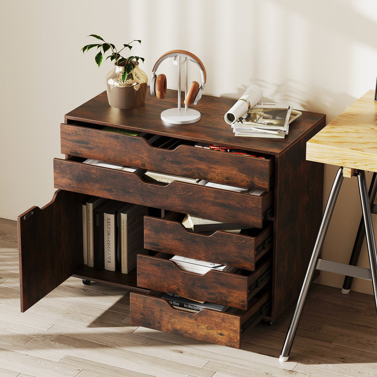 Cajonera móvil vertical moderna de 5 cajones con puerta y 5 ruedas