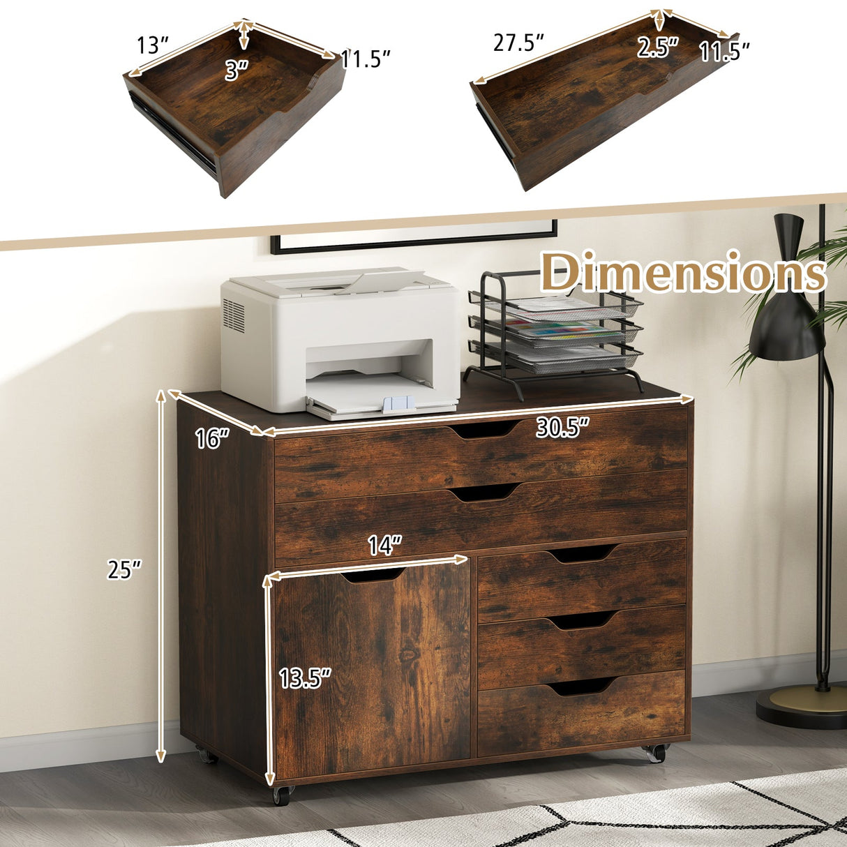 Cajonera móvil vertical moderna de 5 cajones con puerta y 5 ruedas