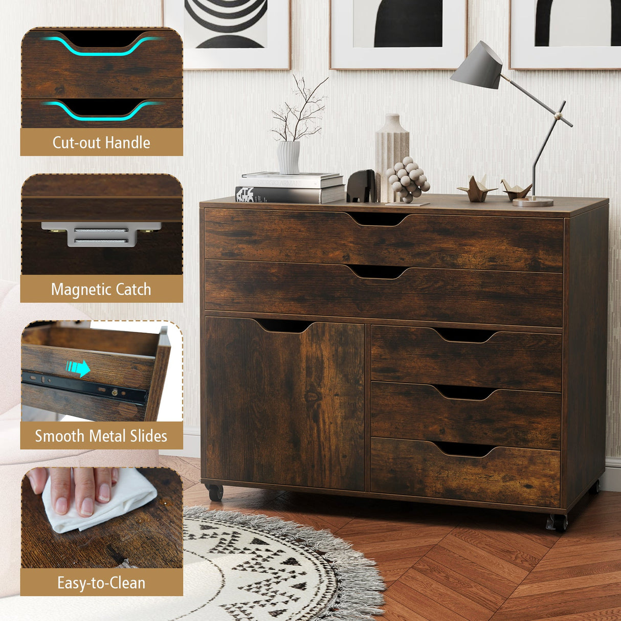 Cajonera móvil vertical moderna de 5 cajones con puerta y 5 ruedas