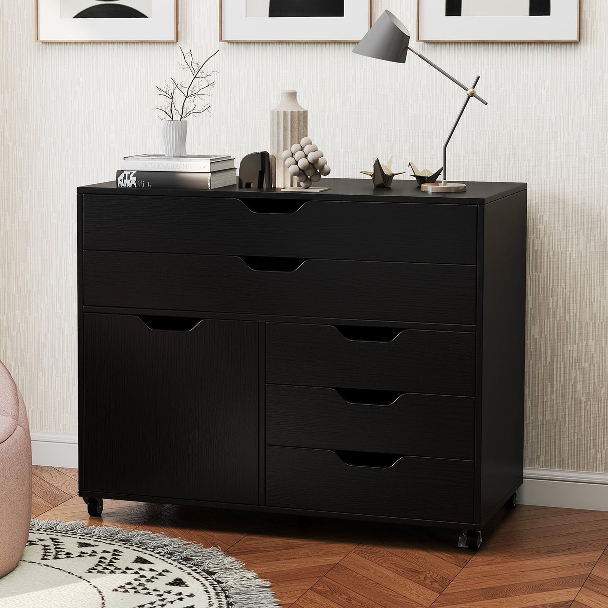 Cajonera móvil vertical moderna de 5 cajones con puerta y 5 ruedas