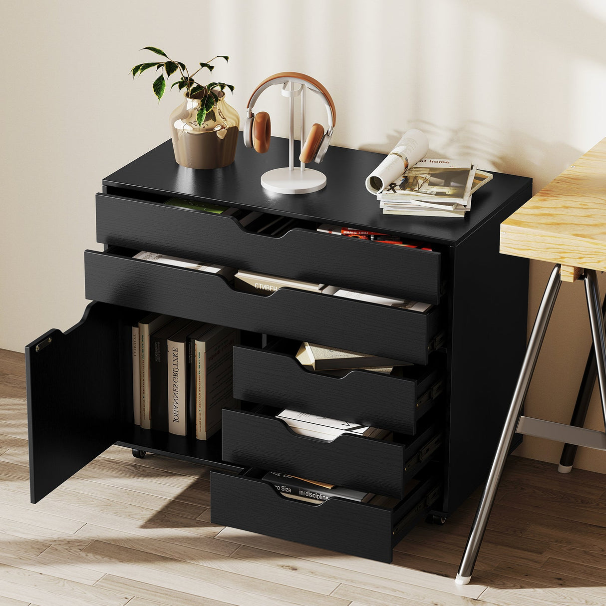 Cajonera móvil vertical moderna de 5 cajones con puerta y 5 ruedas