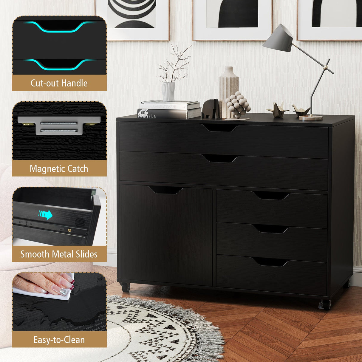 Cajonera móvil vertical moderna de 5 cajones con puerta y 5 ruedas