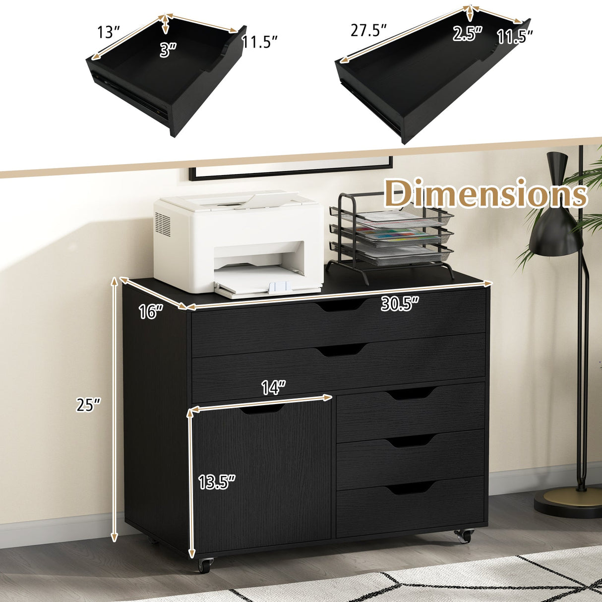 Cajonera móvil vertical moderna de 5 cajones con puerta y 5 ruedas