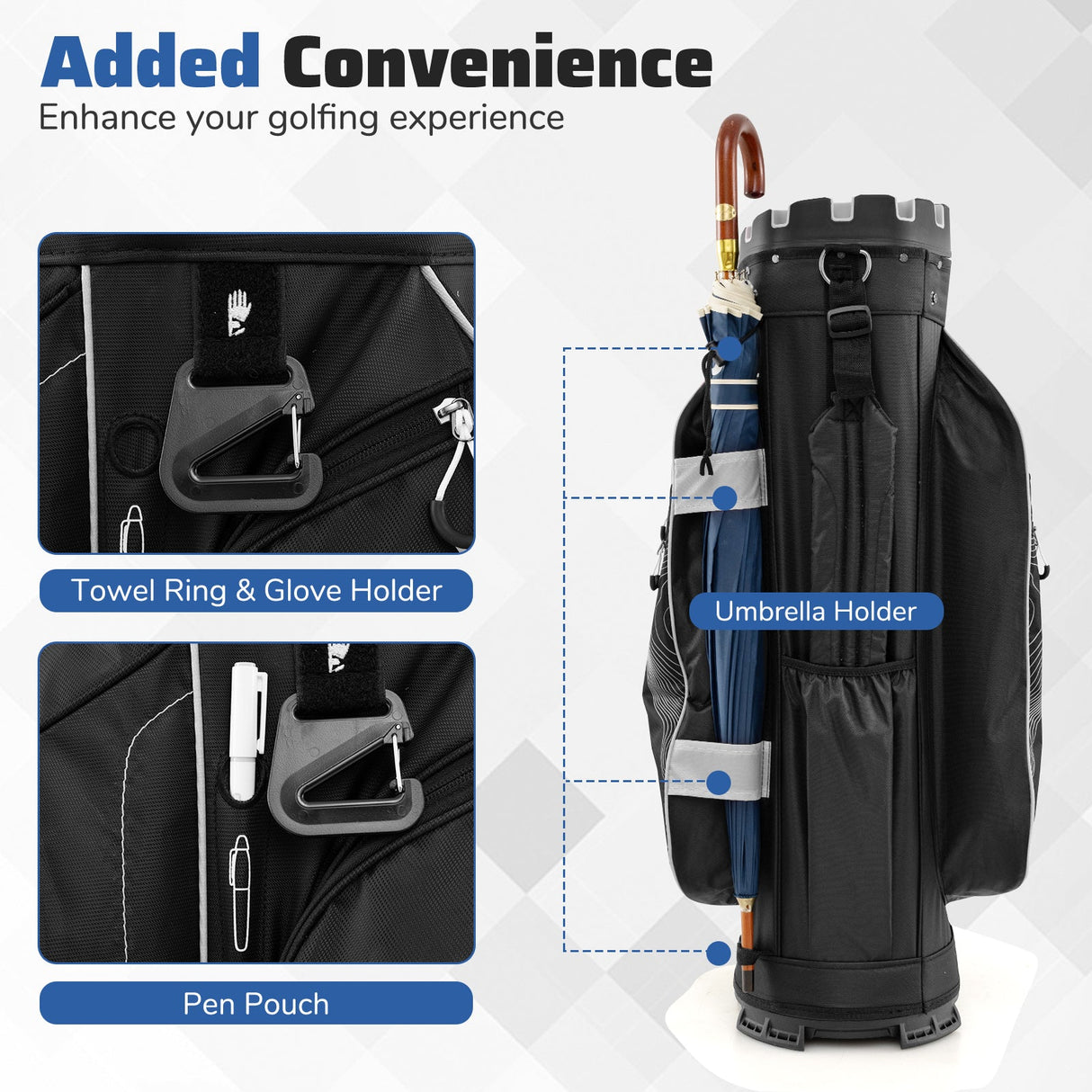 Molded Lock Top Golf Cart Bag with 14-Way Full Length Dividers and 11 Pockets
