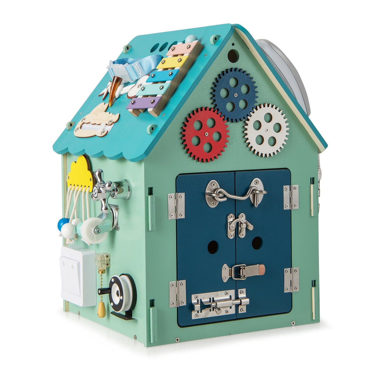 Casa de juegos Montessori con juegos sensoriales y espacio de almacenamiento interior - Azul