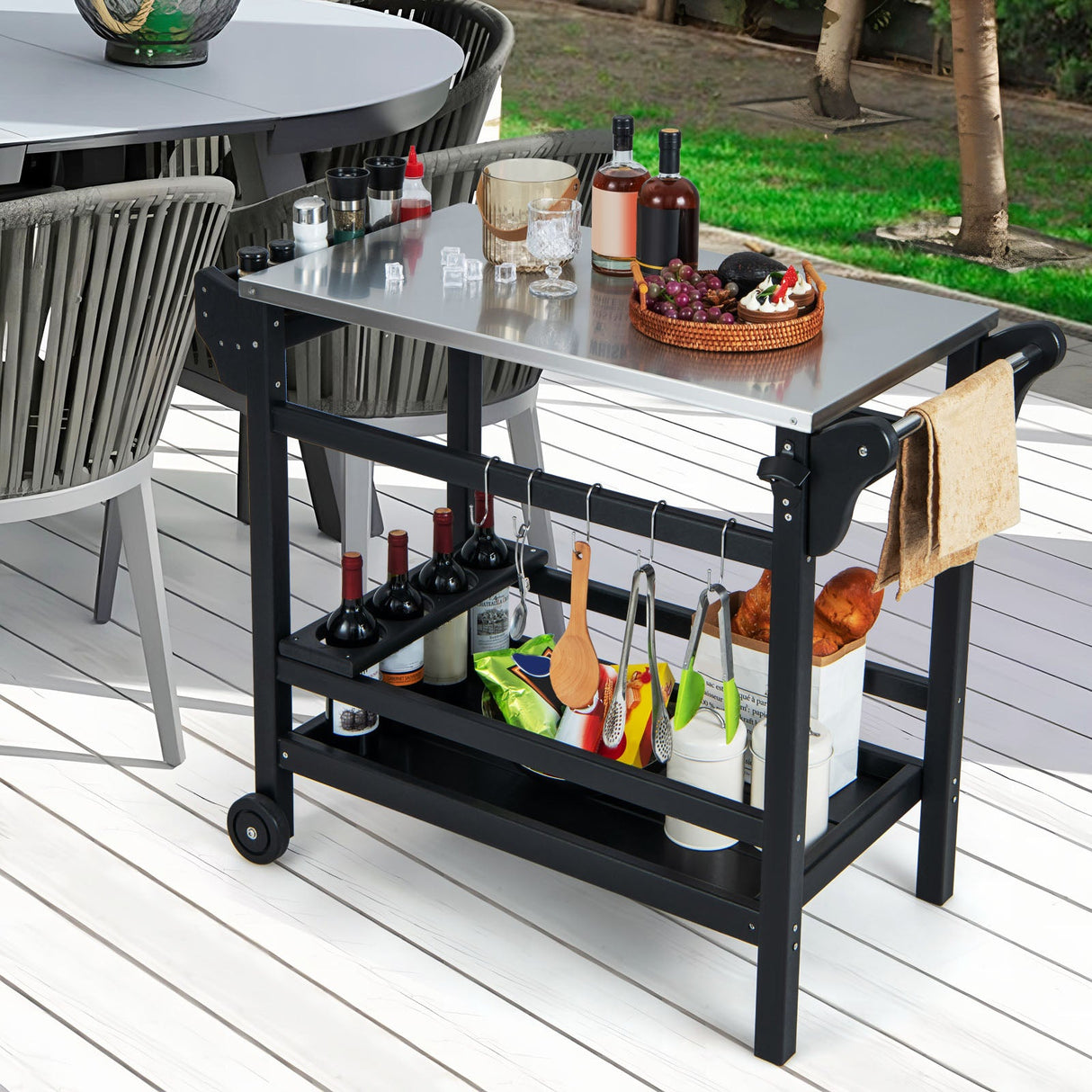 Mesa de carrito de comedor exterior móvil con tapa de acero inoxidable para horno de pizza HDPE - Negro