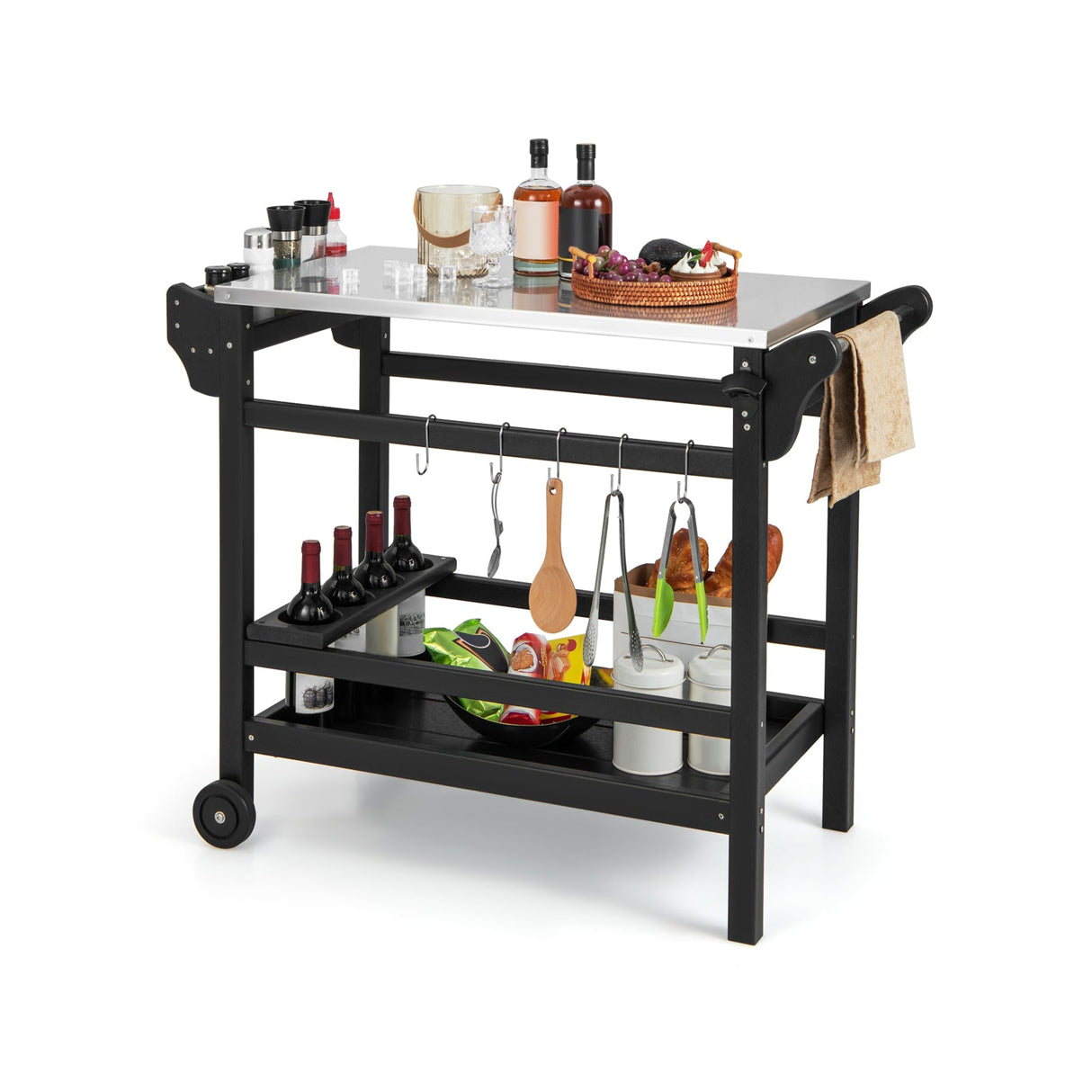 Mesa de carrito de comedor exterior móvil con tapa de acero inoxidable para horno de pizza HDPE - Negro