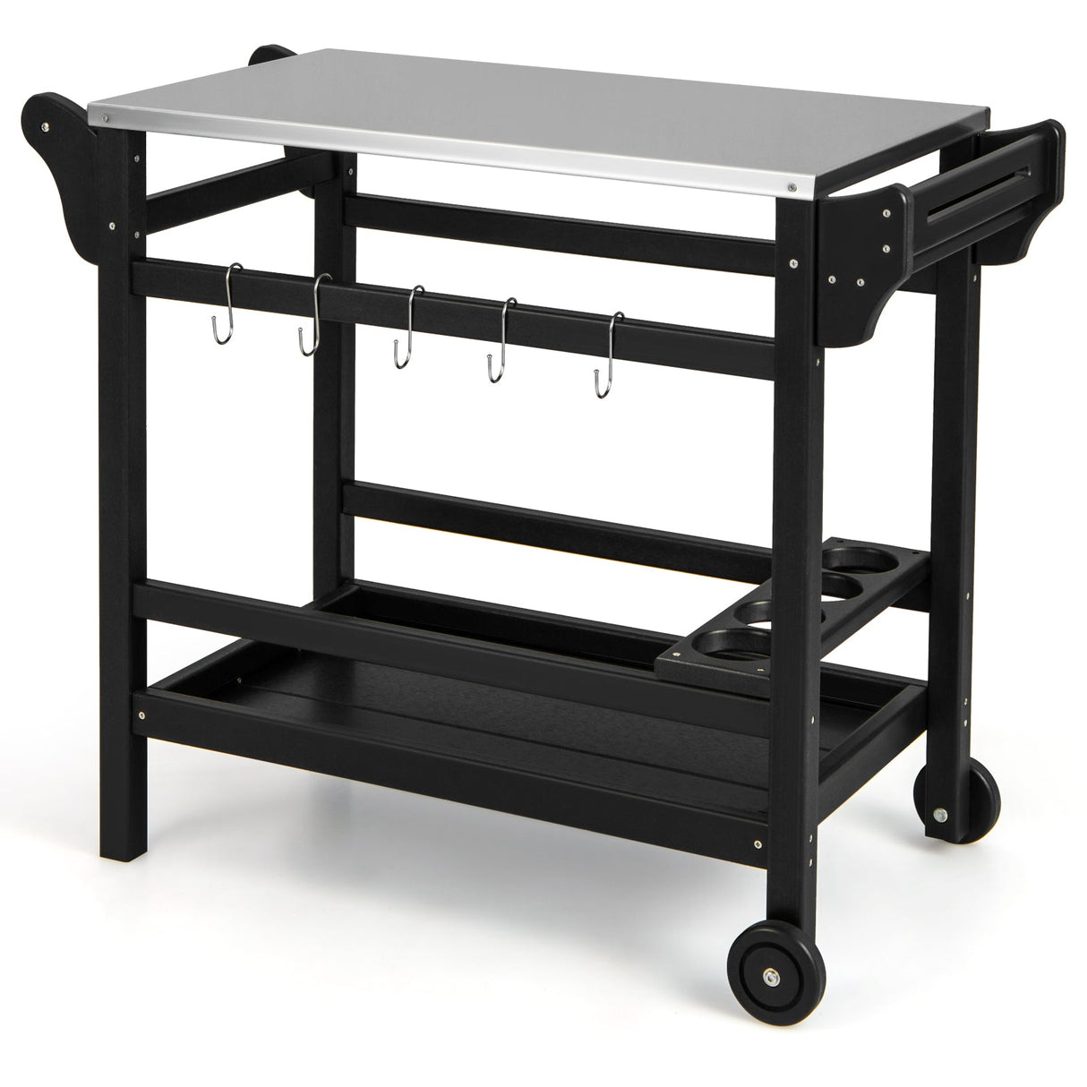 Mesa de carrito de comedor exterior móvil con tapa de acero inoxidable para horno de pizza HDPE - Negro