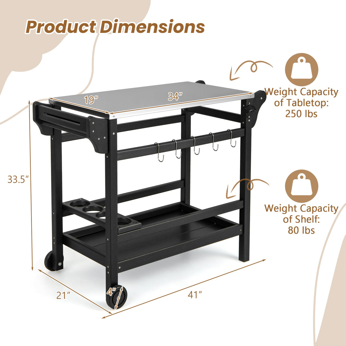 Mesa de carrito de comedor exterior móvil con tapa de acero inoxidable para horno de pizza HDPE - Negro