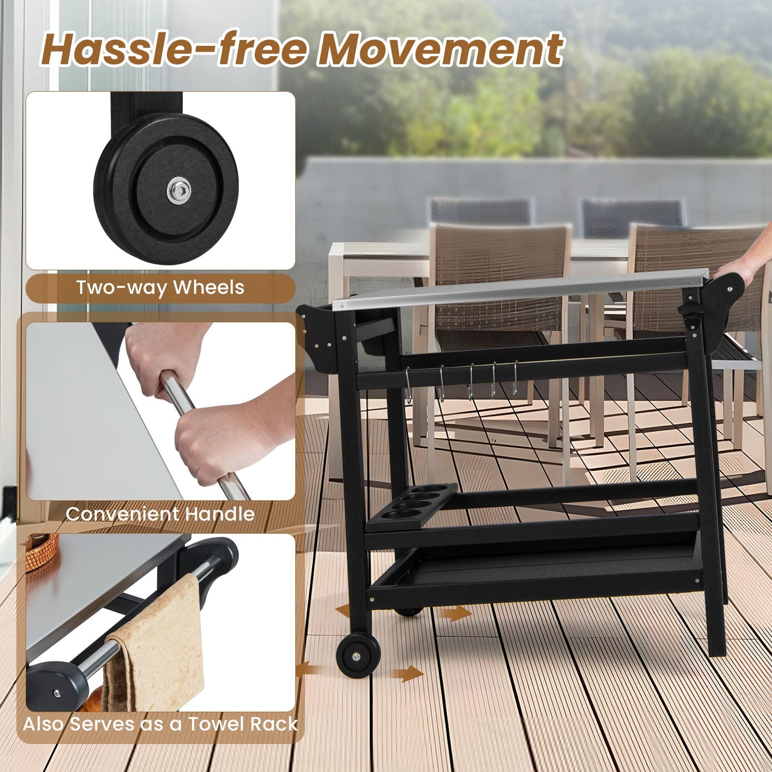 Mesa de carrito de comedor exterior móvil con tapa de acero inoxidable para horno de pizza HDPE - Negro