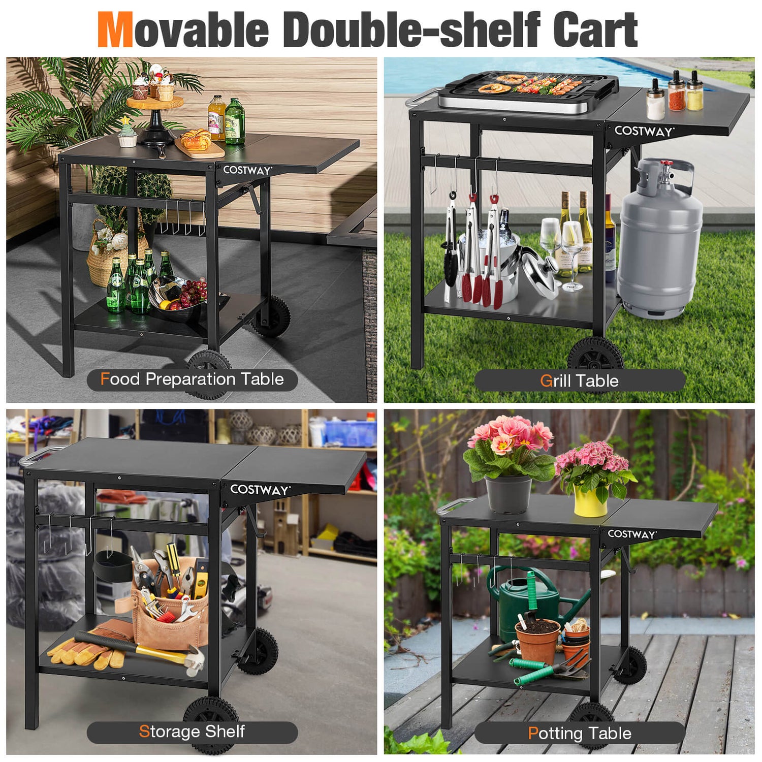 Movable Outdoor Grill Cart with Folding Tabletop and Hooks-Black