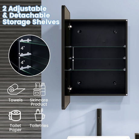 Armario espejo multifuncional para baño de 20 x 30 pulgadas con estantes ajustables - Negro