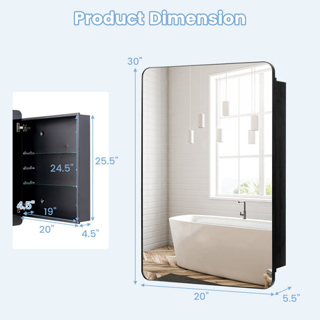 Armario espejo multifuncional para baño de 20 x 30 pulgadas con estantes ajustables - Negro
