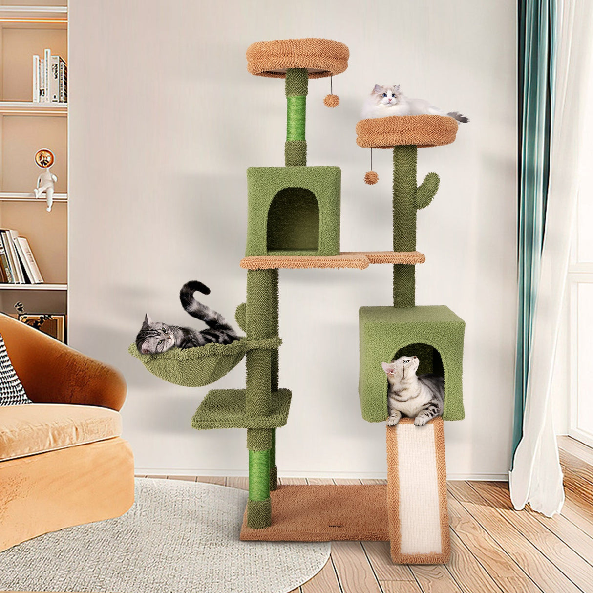 Árbol para gatos tipo cactus de varios niveles con postes rascadores, escalera, dos condominios y cama de juguetes - Verde