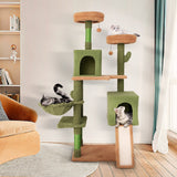 Árbol para gatos tipo cactus de varios niveles con postes rascadores, escalera, dos condominios y cama de juguetes - Verde