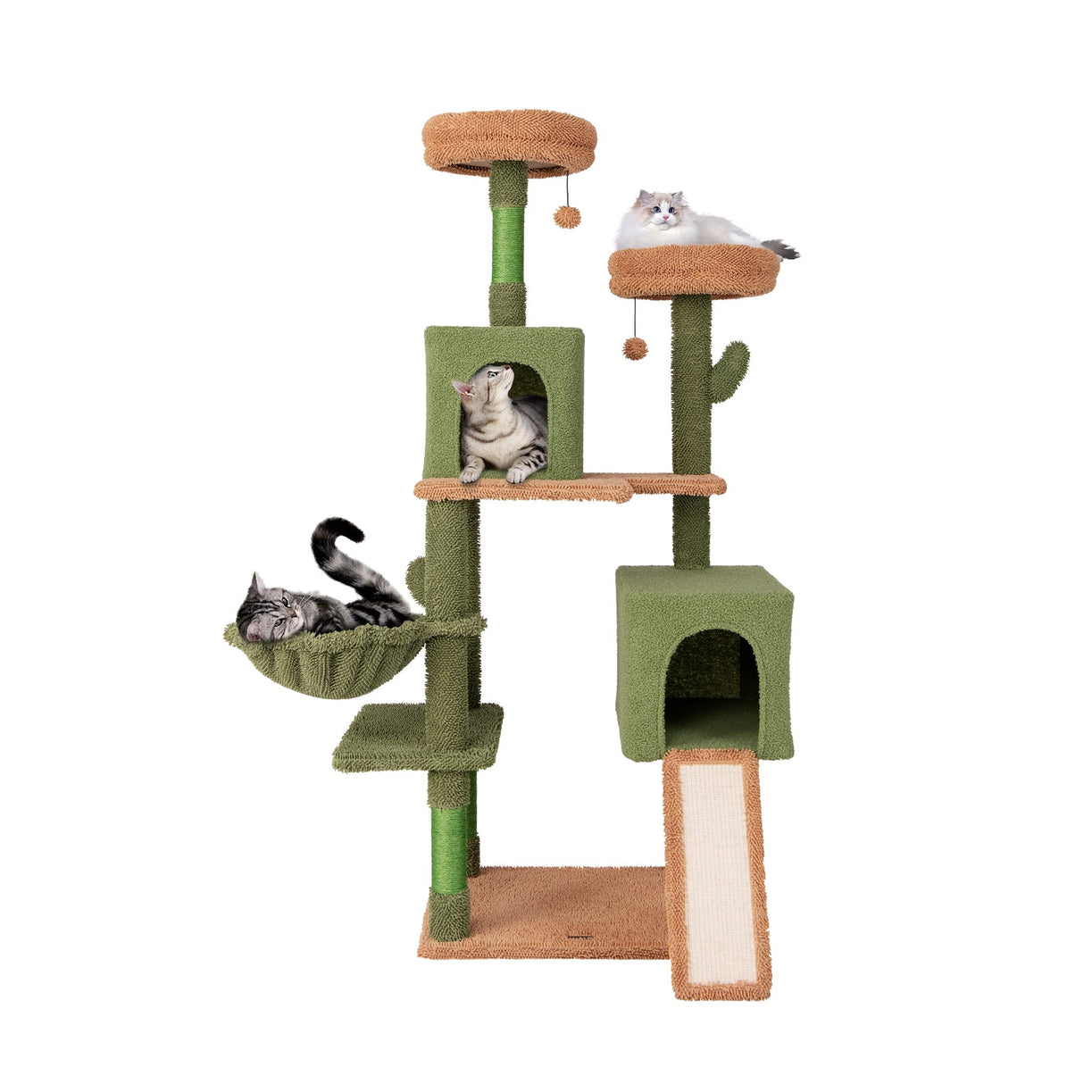 Árbol para gatos tipo cactus de varios niveles con postes rascadores, escalera, dos condominios y cama de juguetes - Verde