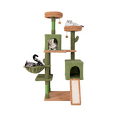 Árbol para gatos tipo cactus de varios niveles con postes rascadores, escalera, dos condominios y cama de juguetes - Verde
