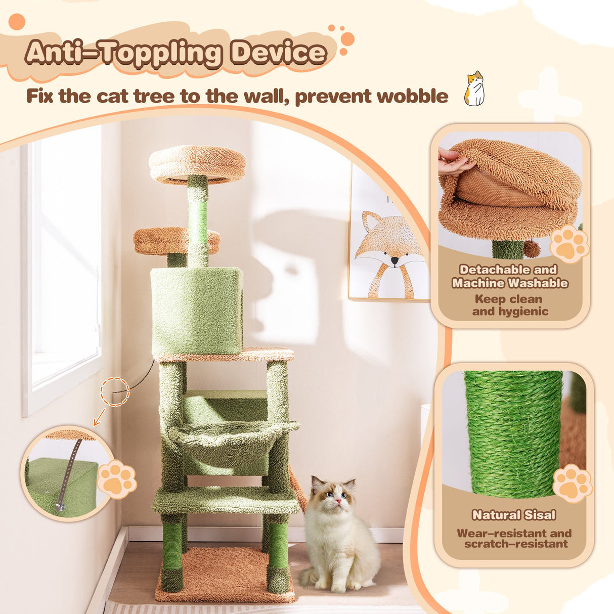 Árbol para gatos tipo cactus de varios niveles con postes rascadores, escalera, dos condominios y cama de juguetes - Verde