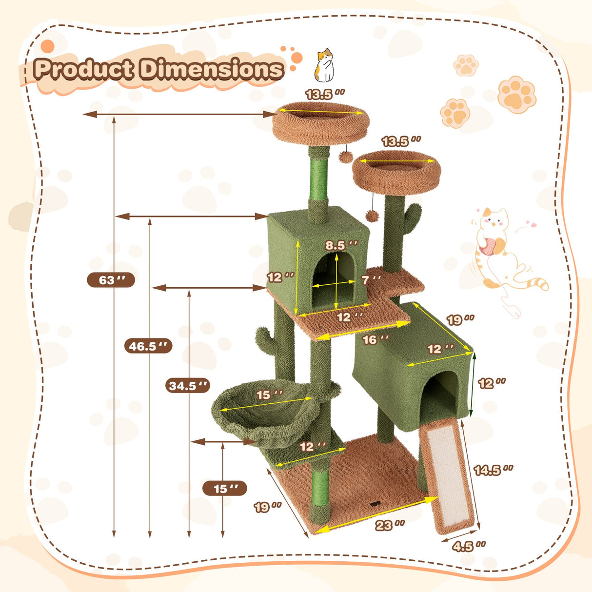 Árbol para gatos tipo cactus de varios niveles con postes rascadores, escalera, dos condominios y cama de juguetes - Verde