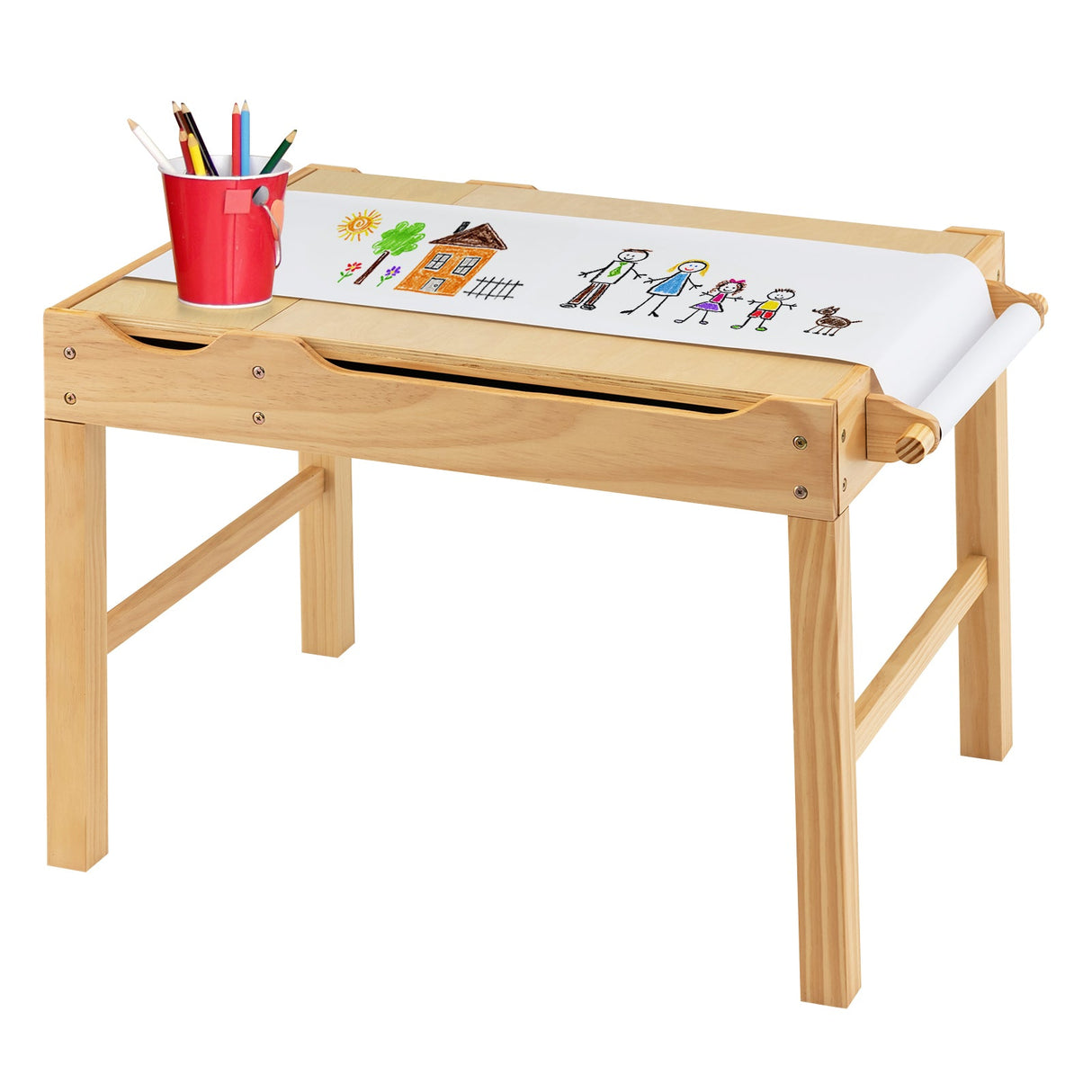 Mesa de actividades de madera multiusos para niños con rollo de papel y almacenamiento