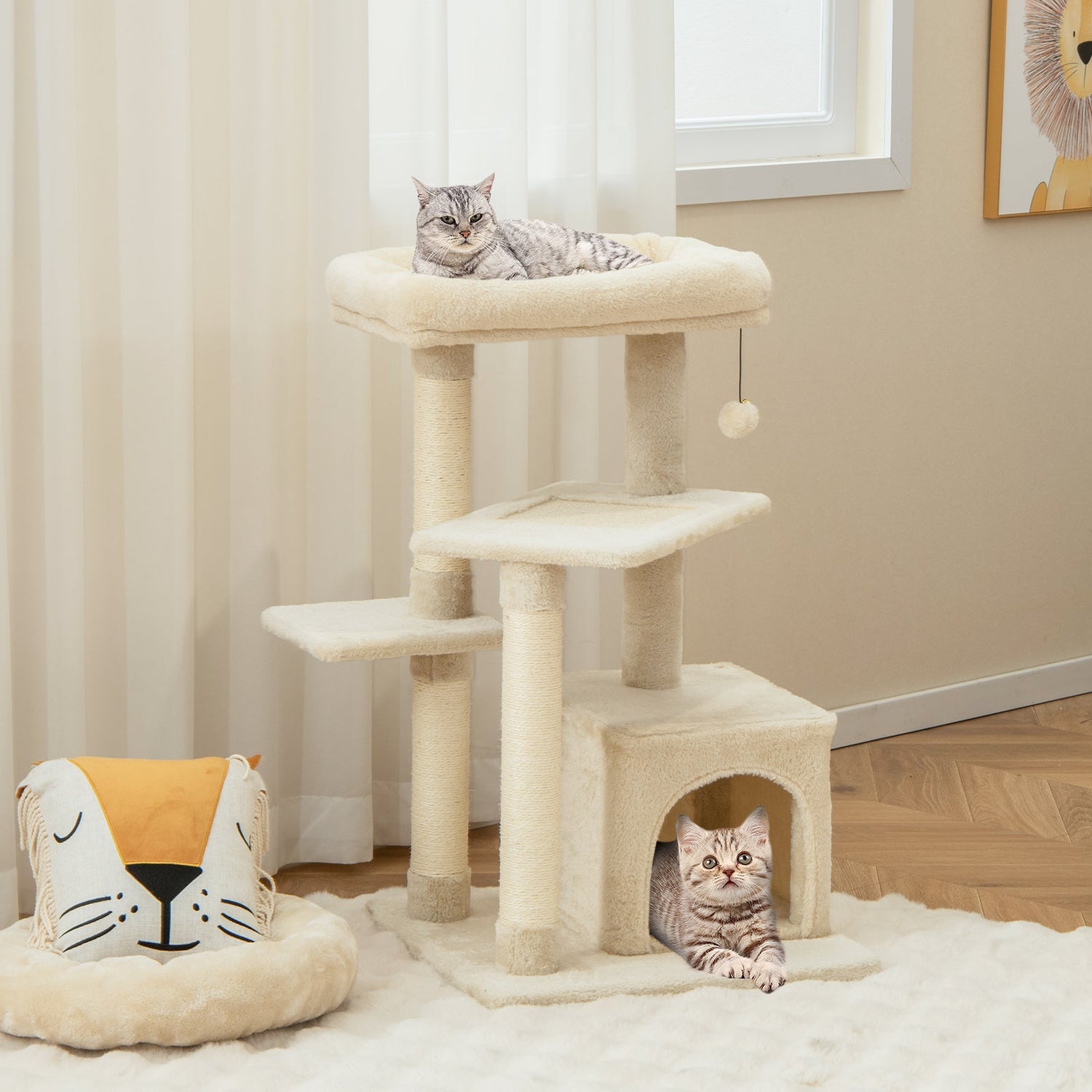 Árbol para gatos con percha y pelota colgante para juego y descanso en interiores