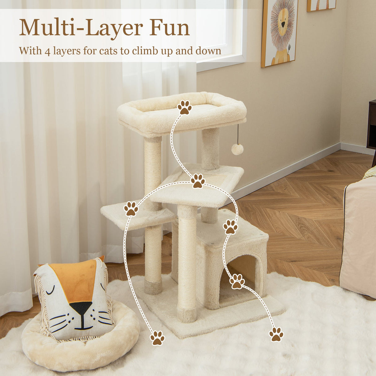 Árbol para gatos con percha y pelota colgante para juego y descanso en interiores